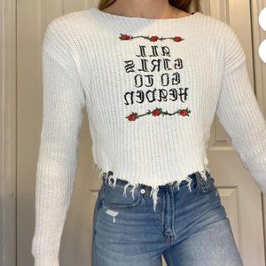 Distressed Knit "All Girls Go to Heaven" Cropped Sweater